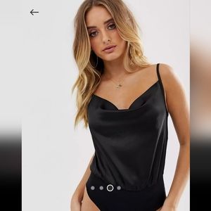 4th + Reckless satin cowl bodysuit in black